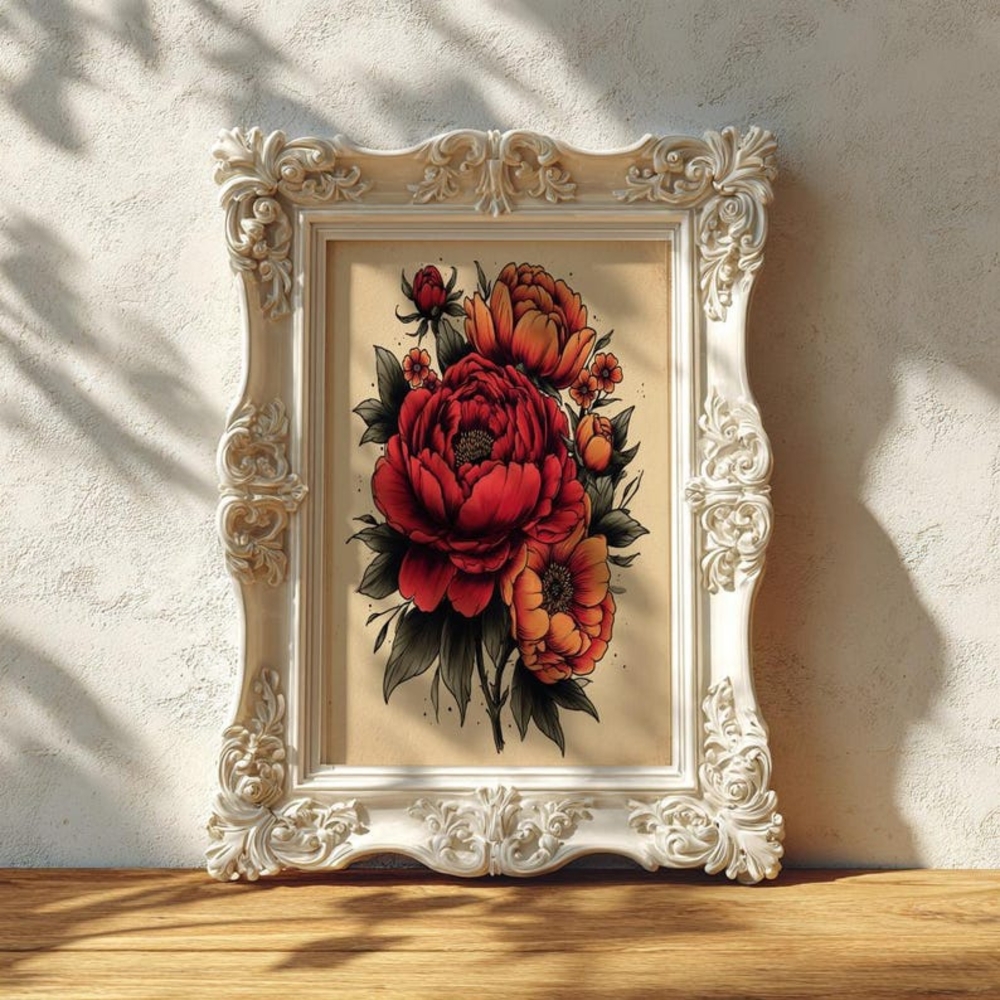 Vintage-Inspired Peonies Botanical Art — Peony Bouquet Retro Flower & Wildlife